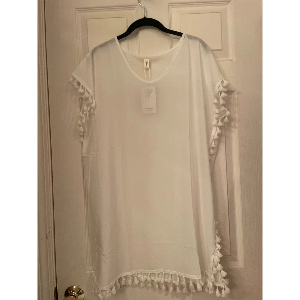Yincro White Tassel Cover Up‎ Kaftan Beach Dress One Size